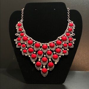 Bold Red Bib Necklace with Silver-Tone Accents
